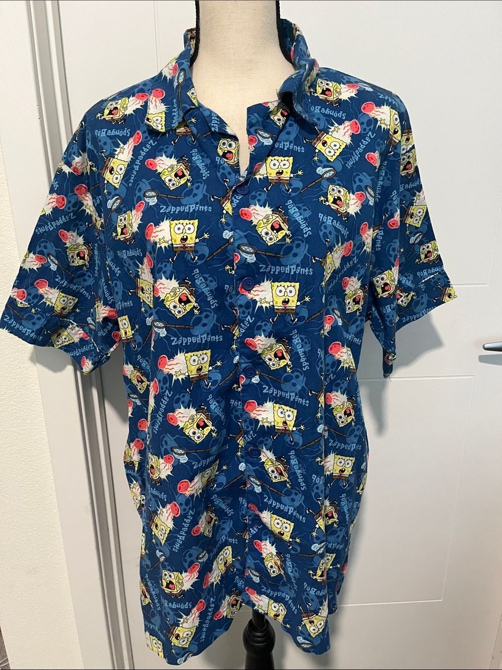 SpongeBob SquarePants Pattern Allover Graphic Short Sleeve Button-Up Blue Shirt